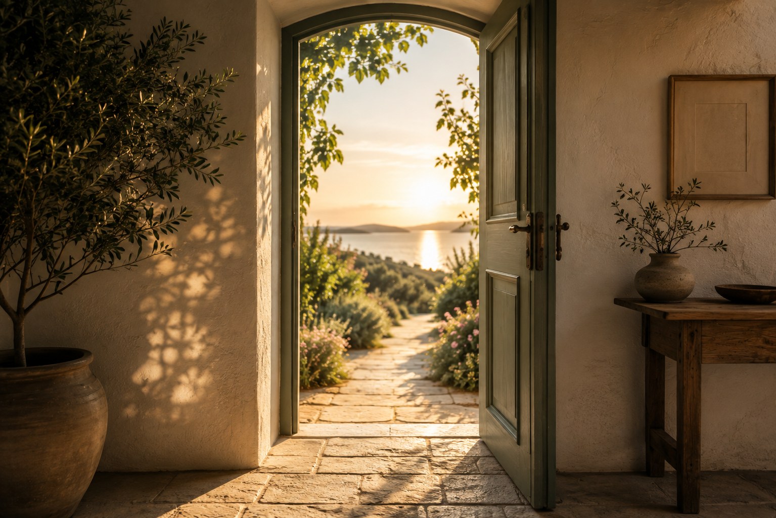 An open doorway looking out onto a stone path, olive trees and the sea at sunset