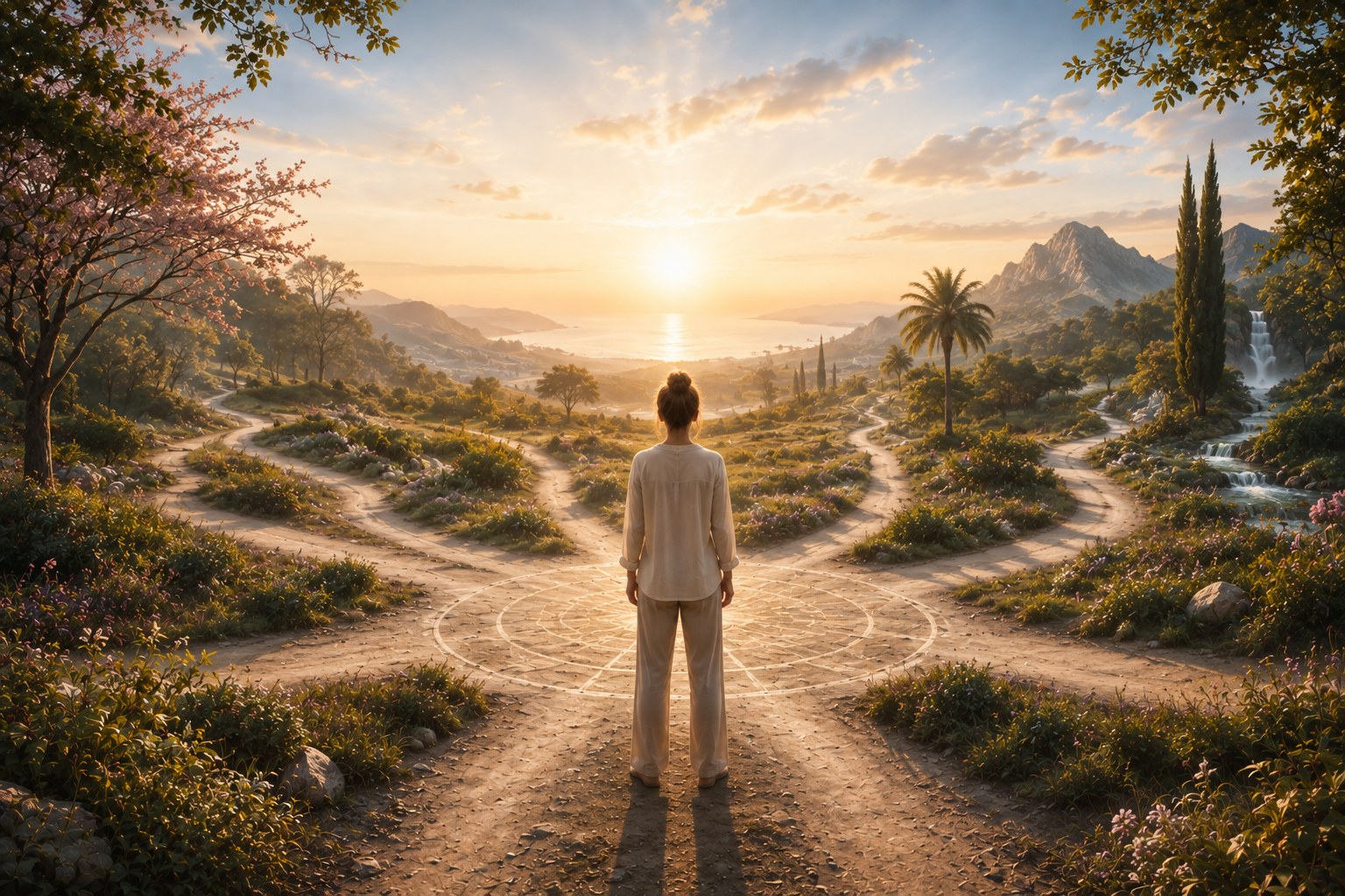 A woman standing where several paths meet, at sunrise