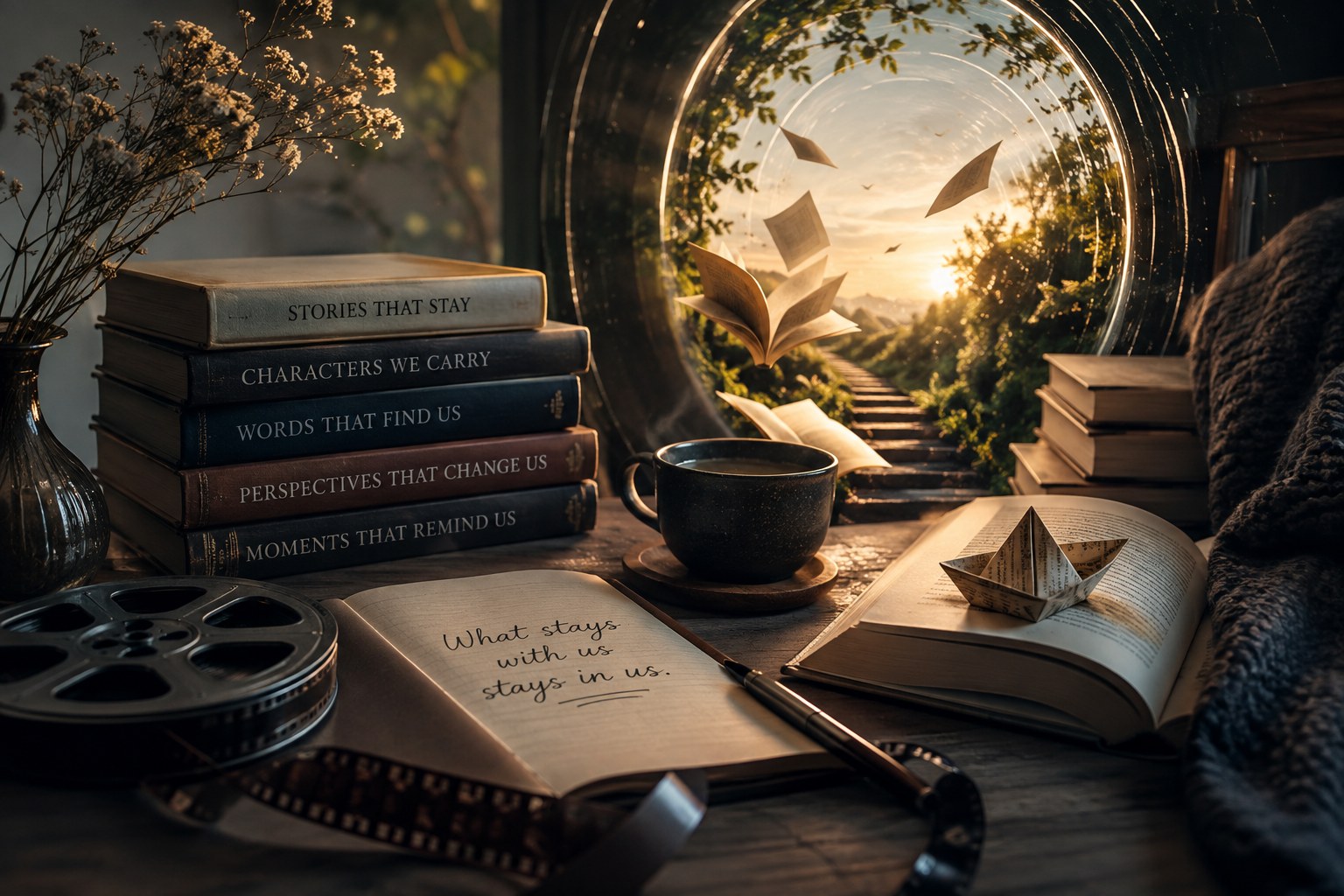 Books, a film reel and an open journal on a table, with a lit doorway opening onto a path at sunrise