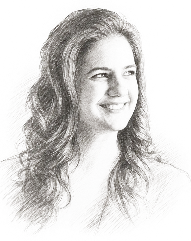 A pencil sketch portrait of Lydia, smiling and looking away to one side