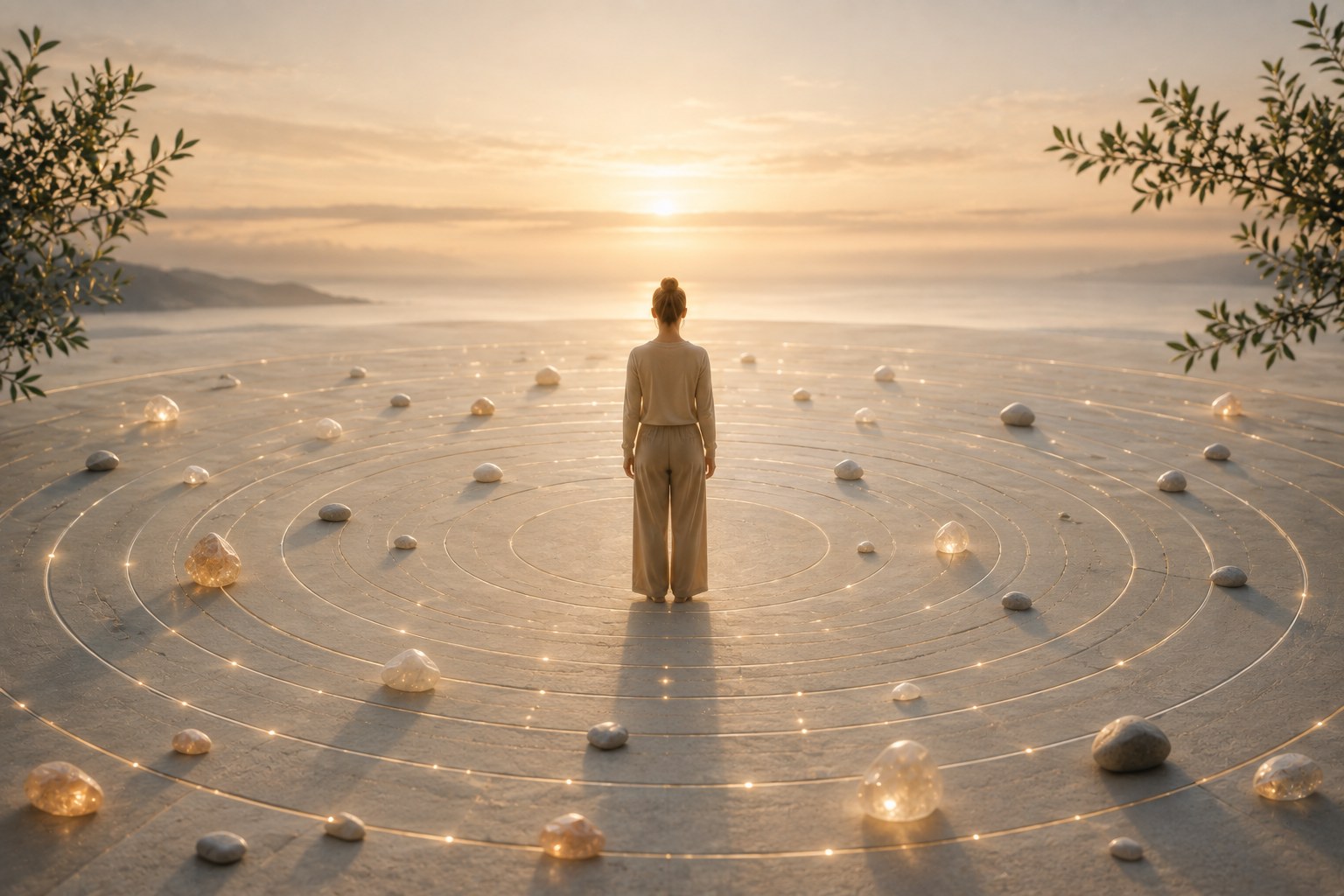 A woman standing at the centre of wide golden circles traced on the ground, olive branches at the edges and the sea beyond at sunrise