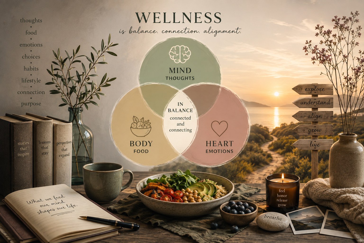 Mind, body and heart shown as three overlapping circles meeting in balance, set among books, a meal, a candle and a path to the sea at sunset